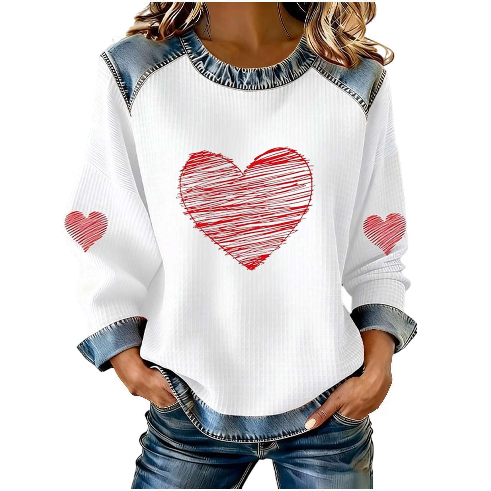 Women's Heart Print Crewneck Sweatshirt