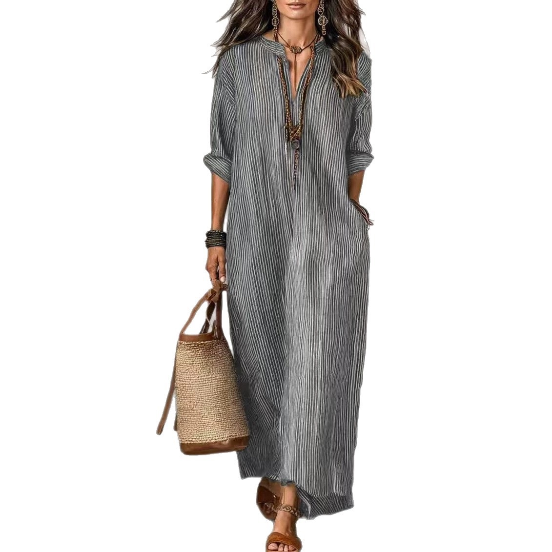 V-Neck Striped Loose Casual Dress