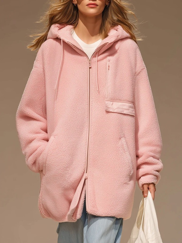 Women's Cherry Blossom Pink Hooded Fleece Mid-Length Coat
