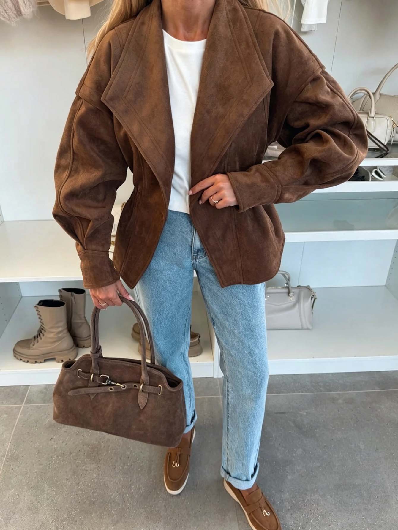 Women's Solid Button Waist-Cinched Vintage Lapel Long-Sleeve Jacket