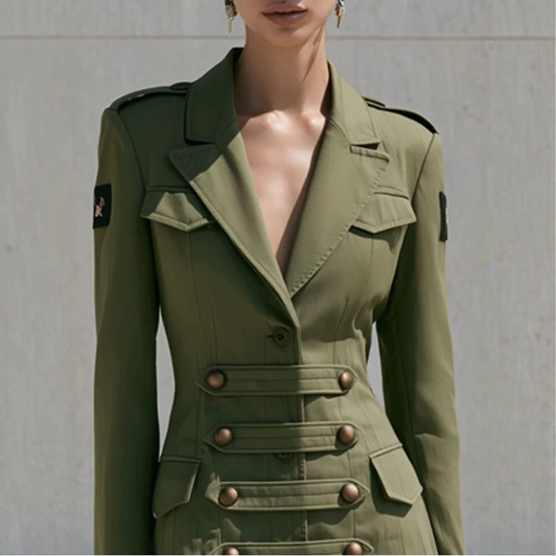 Elegant Vintage Army Green Pleated Mini Dress with Long Sleeves