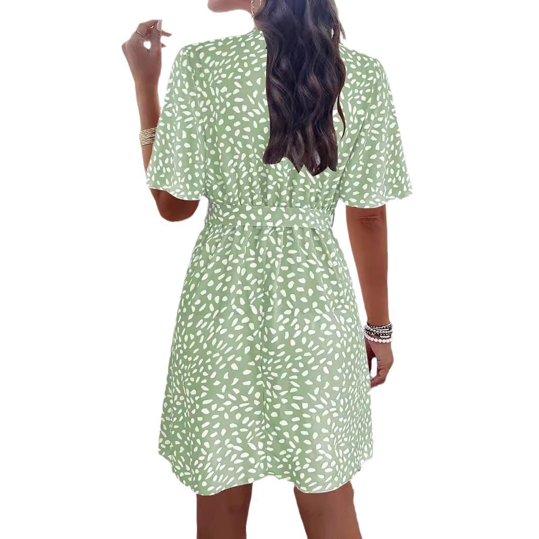 Women's Polka Dot V-Neck Short Sleeve Belted A-Line Dress