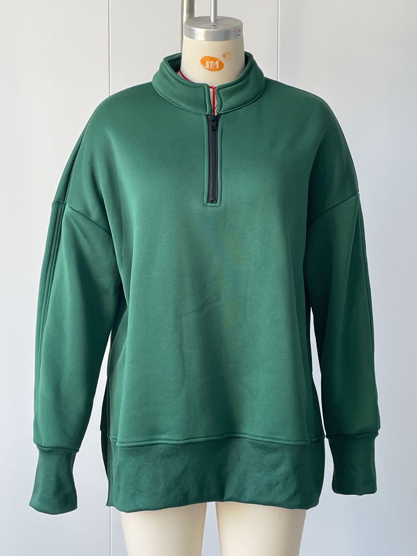 Side Slit Half-Zip Collared Solid Color Pullover Sweatshirt for Women