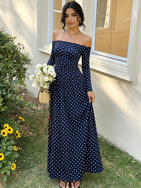 Sexy Off-Shoulder Polka Dot A-Line Dress with Waist-Cinching Silhouette
