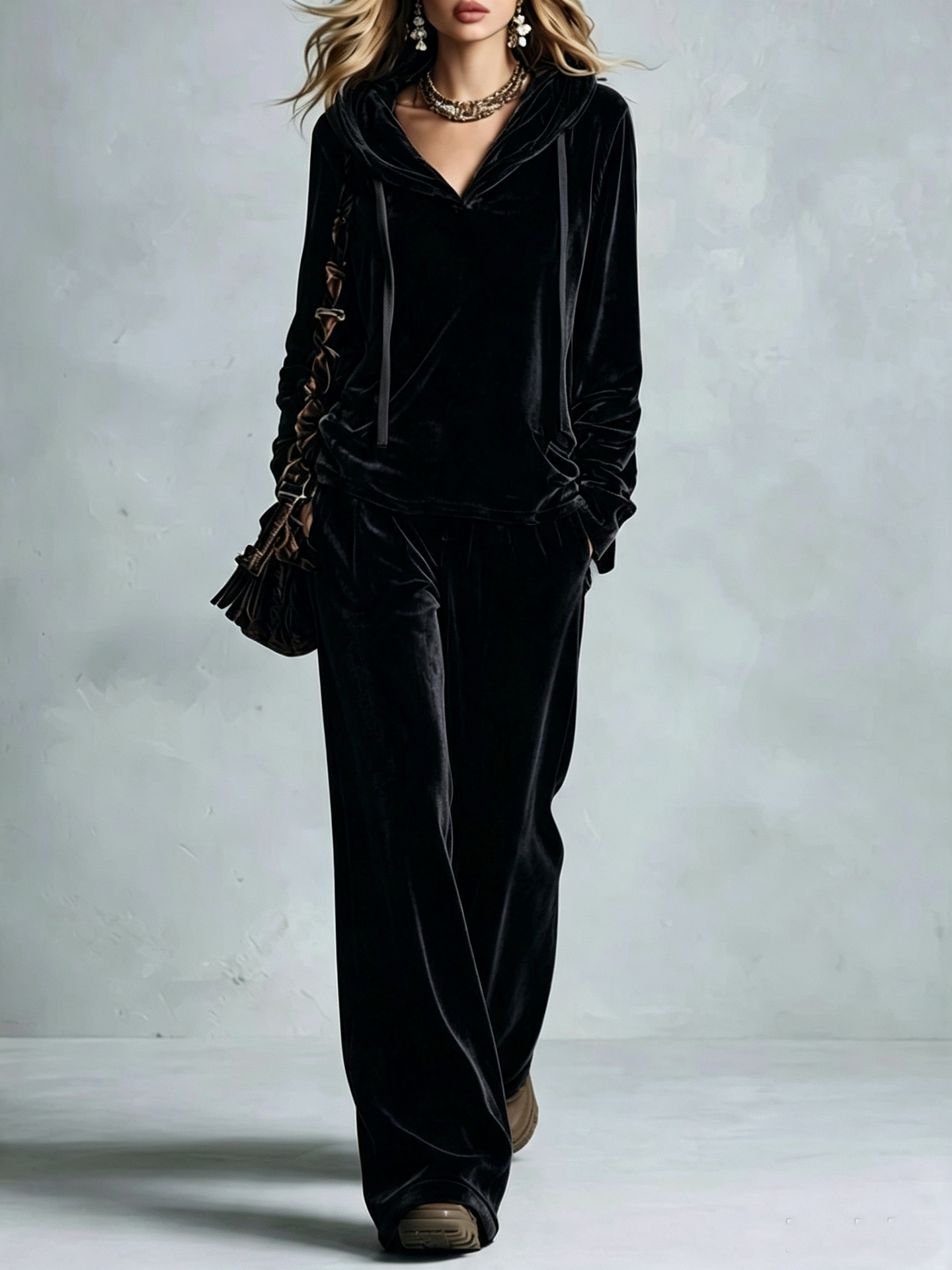 Women's Solid Korean Velvet Hoodie & Wide-Leg Pants Set