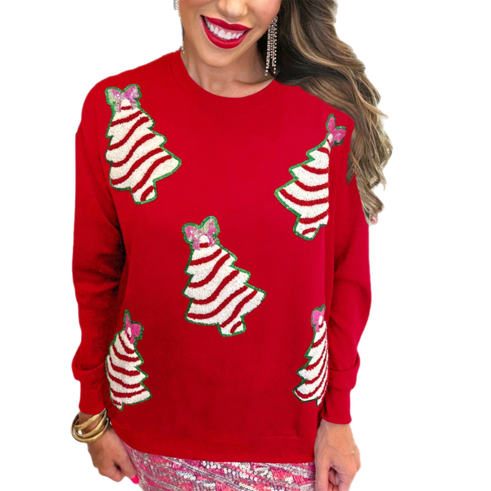 Sequin Christmas Tree Crewneck Loose Sweatshirt