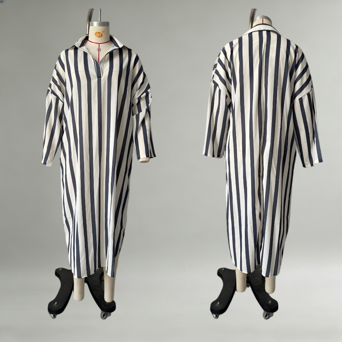 Women's Loose V-Neck Striped Long Shirt Dress with 3/4 Sleeves