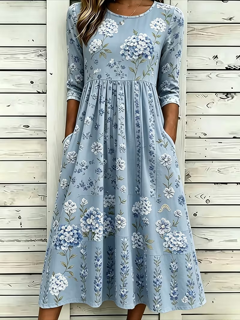 Women's Fresh Floral Print Ruched Midi Dress