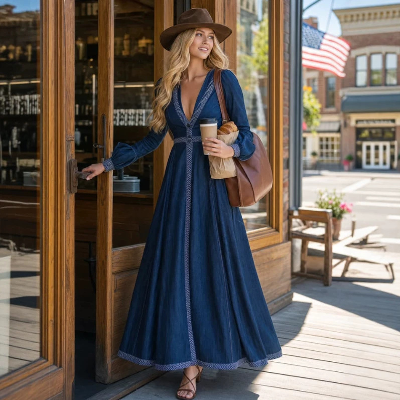 Bohemian V-Neck Cinched-Waist Denim Dress