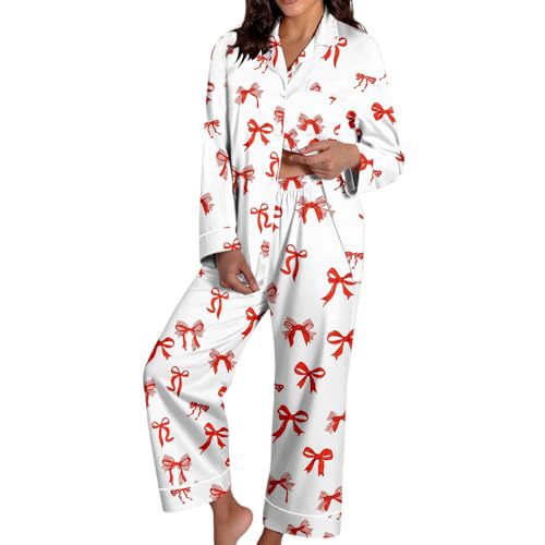 Women's Cuban Collar Christmas Bow Print Long Sleeve Shirt Set