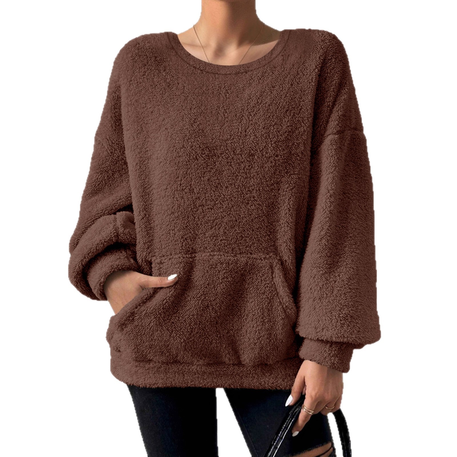 Solid Crewneck Long-Sleeve Pocket Pullover Sweatshirt