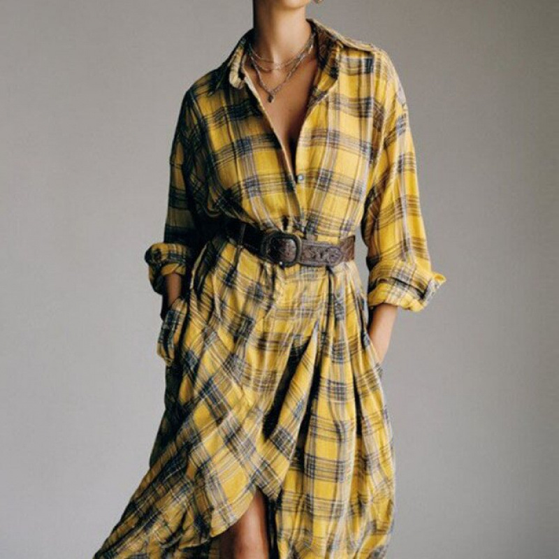 Retro Plaid Long Sleeve Shirt Dress Loose Casual