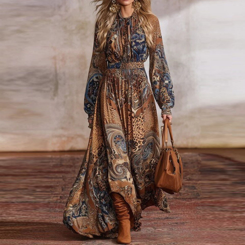 Bohemian Floral Print Long Sleeve Lantern Sleeve Maxi Dress