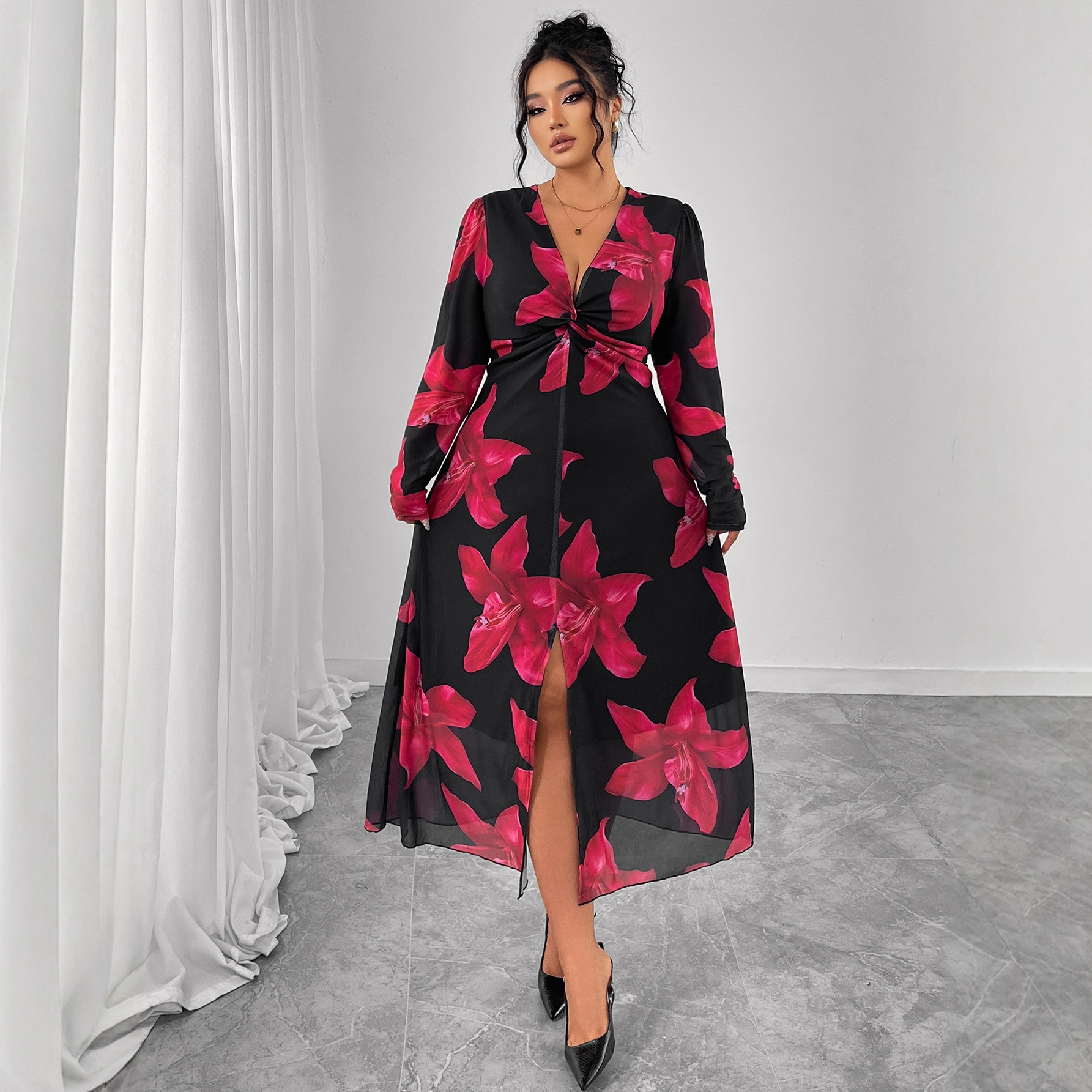 Floral V-Neck High-Waist Long Dress