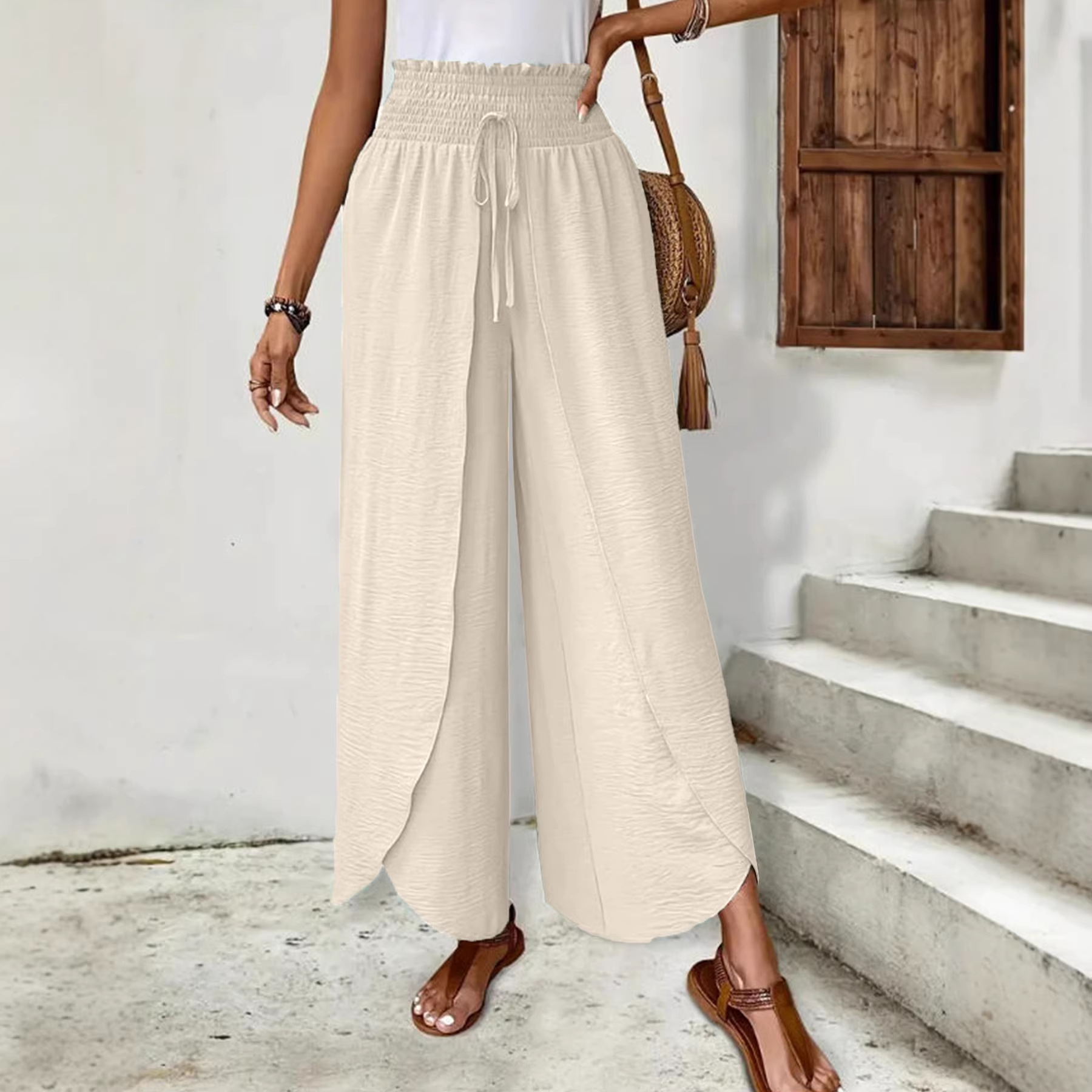 Women's Elegant Split Hem Loose Waist Lightweight Breathable Casual Pants