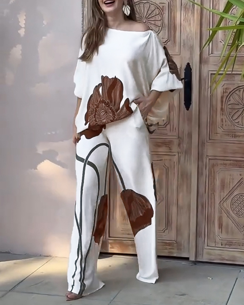 Floral Print Satin Batwing Sleeve Top and Straight-Leg Pants Set