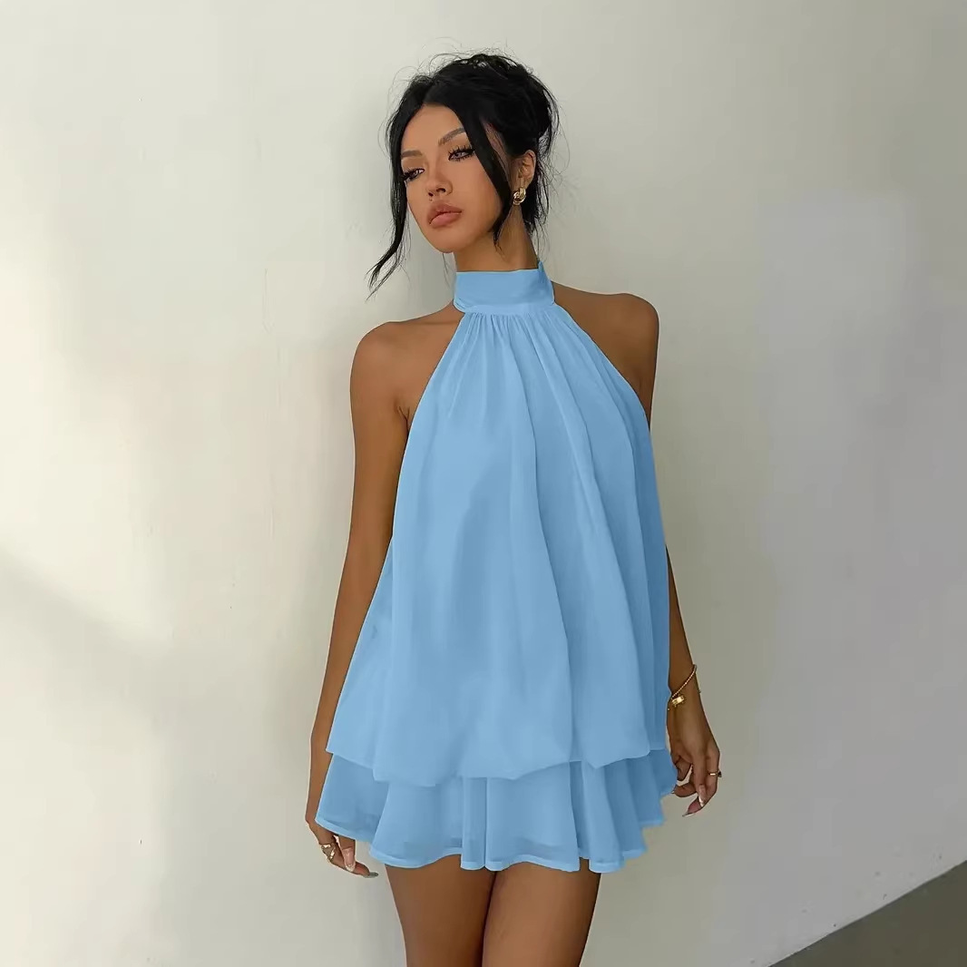Solid Halter Open-Back Fitted Top Puff Mini Dress