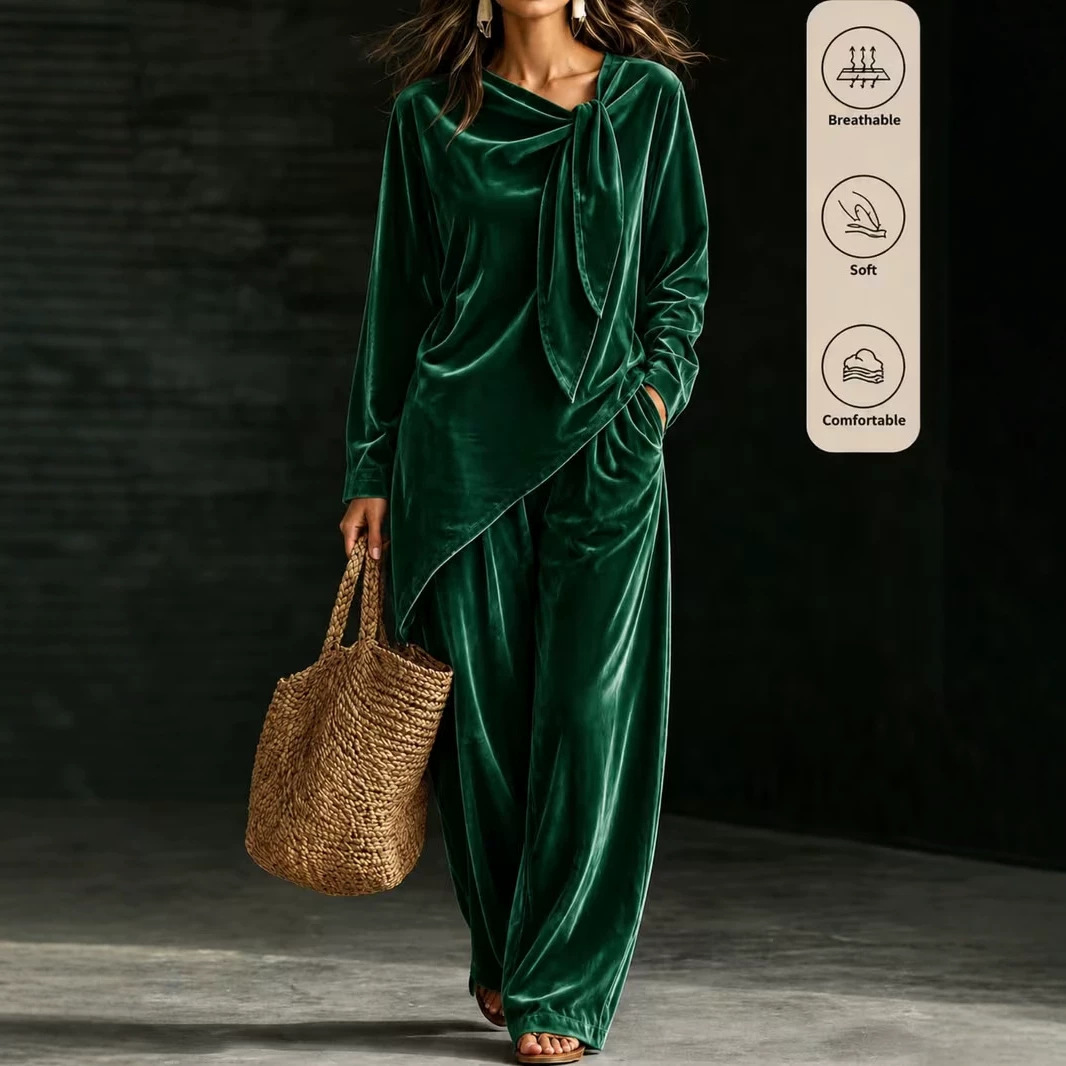 Women's Velvet Lounge Set Long Sleeve Top & Wide-Leg Pants