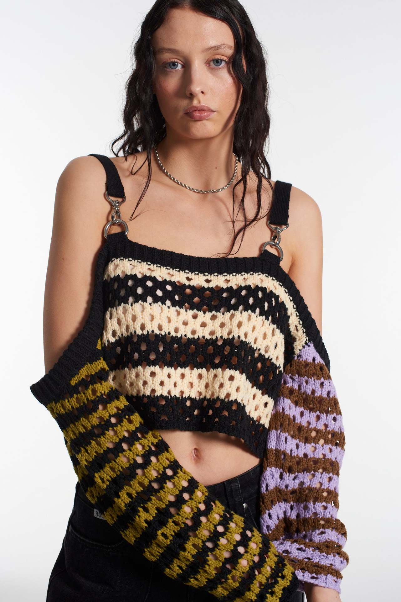 Off-Shoulder Striped Colorblock Cutout Crop Knit Cami Top
