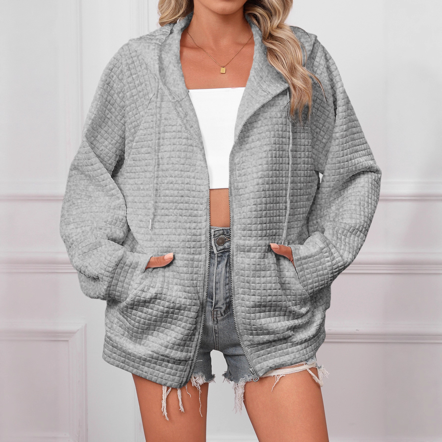 Waffle Knit Hooded Drawstring Zip-Up Jacket for Women