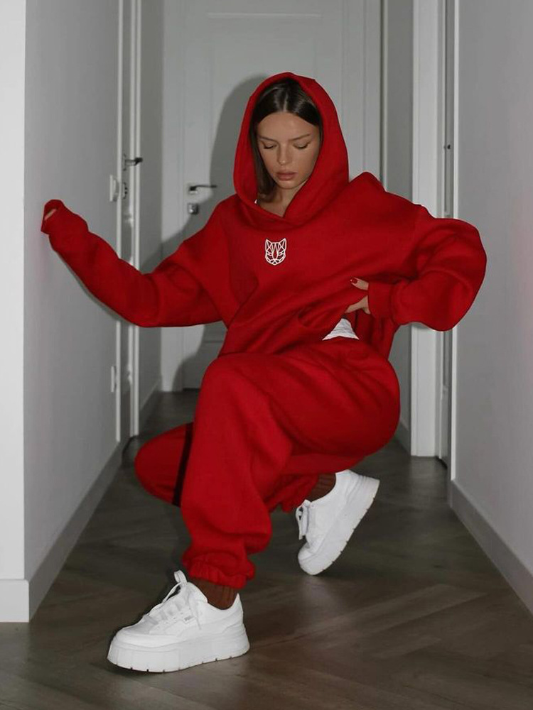 Women's Graphic Print Hoodie and Pants Set Loose Fleece-Lined Streetwear