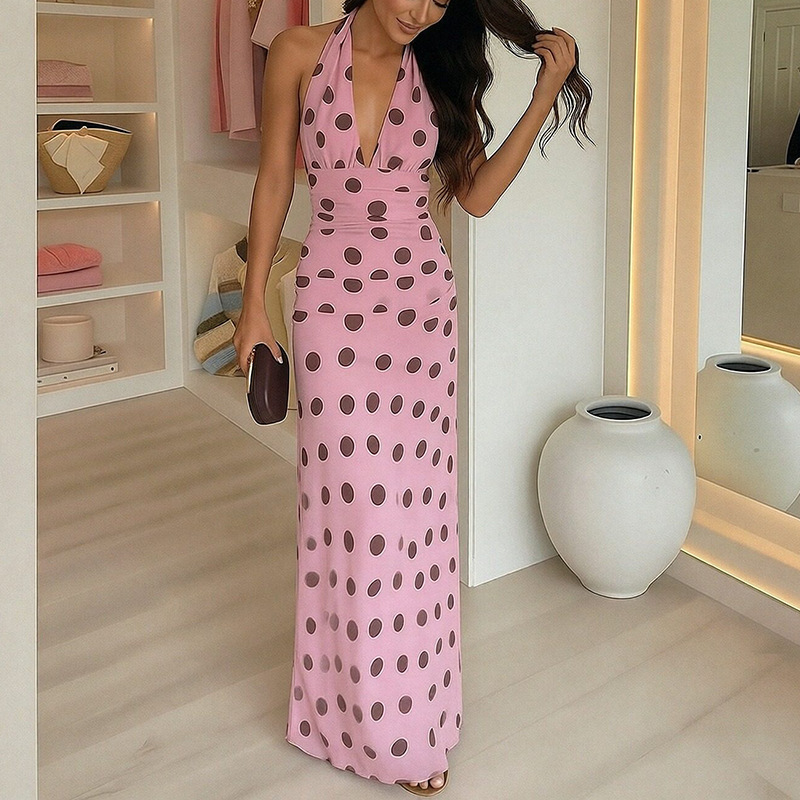 Women's V-Neck Polka Dot Sleeveless Maxi Dress