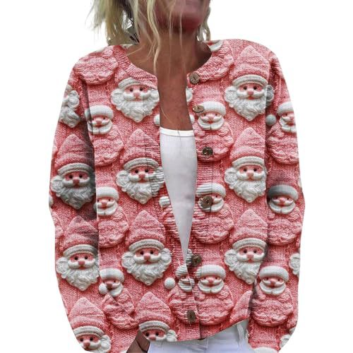 Women's Christmas Cardigan with Cartoon Star Santa Print and Buttons
