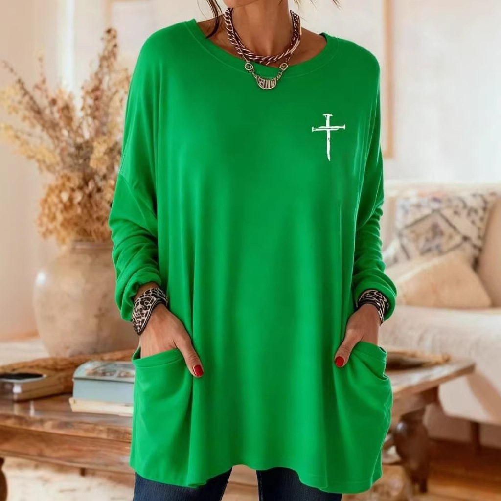 Women's Cross Print A-Line Midi Dress Long Sleeve Crew Neck Casual