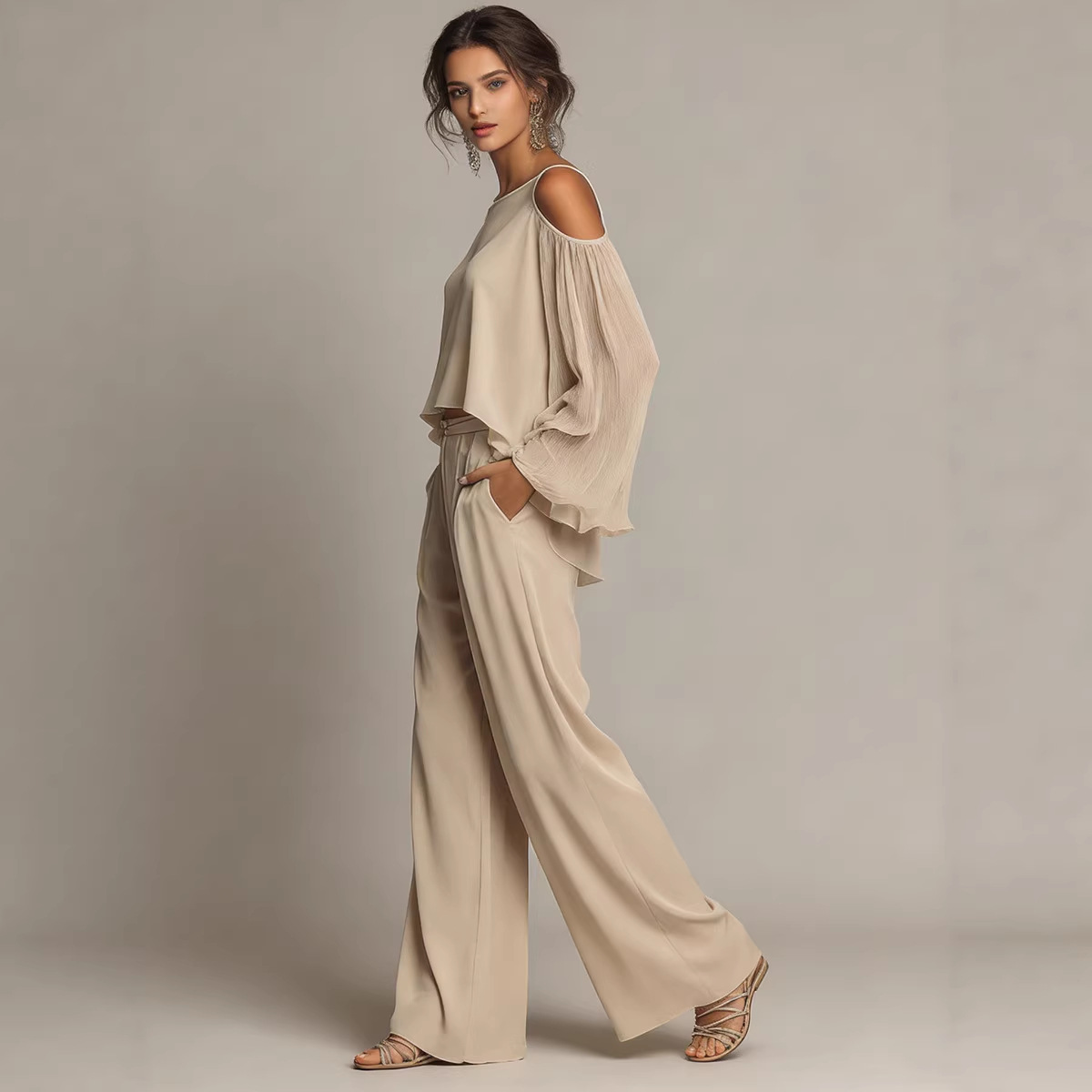 Women's Solid Off-Shoulder Top & Wide-Leg Pants Two-Piece Set