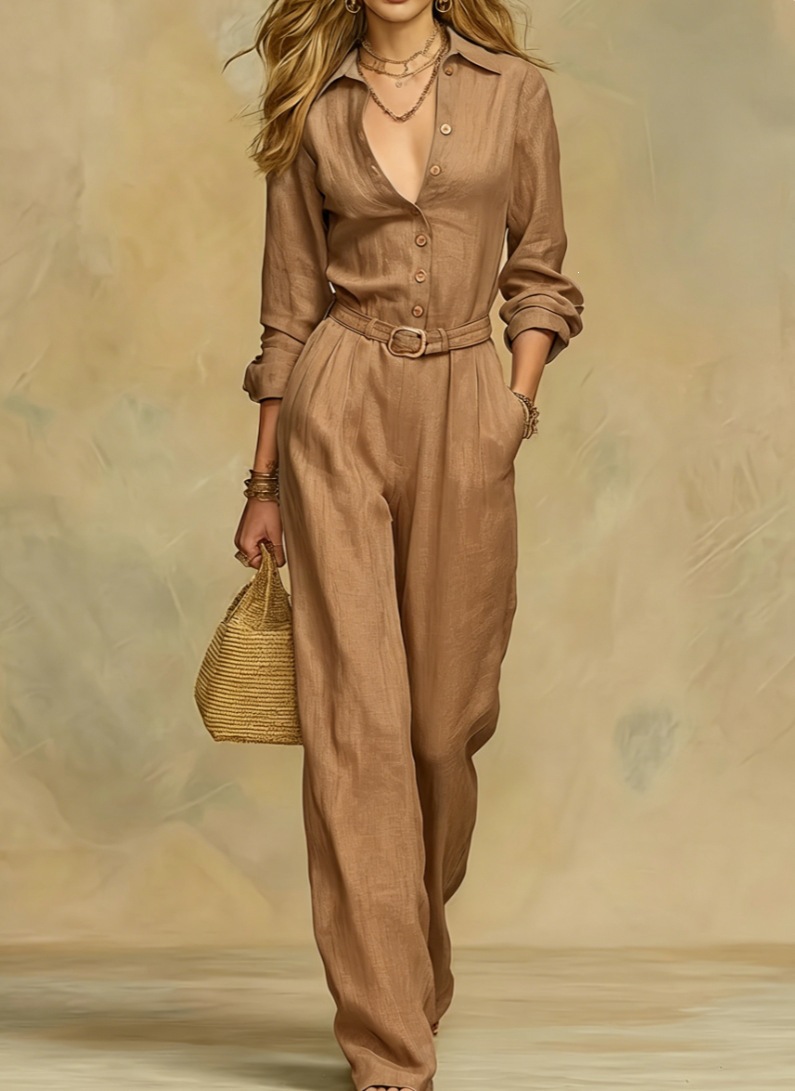Elegant Solid Color Long Sleeve Jumpsuit Set with Belt