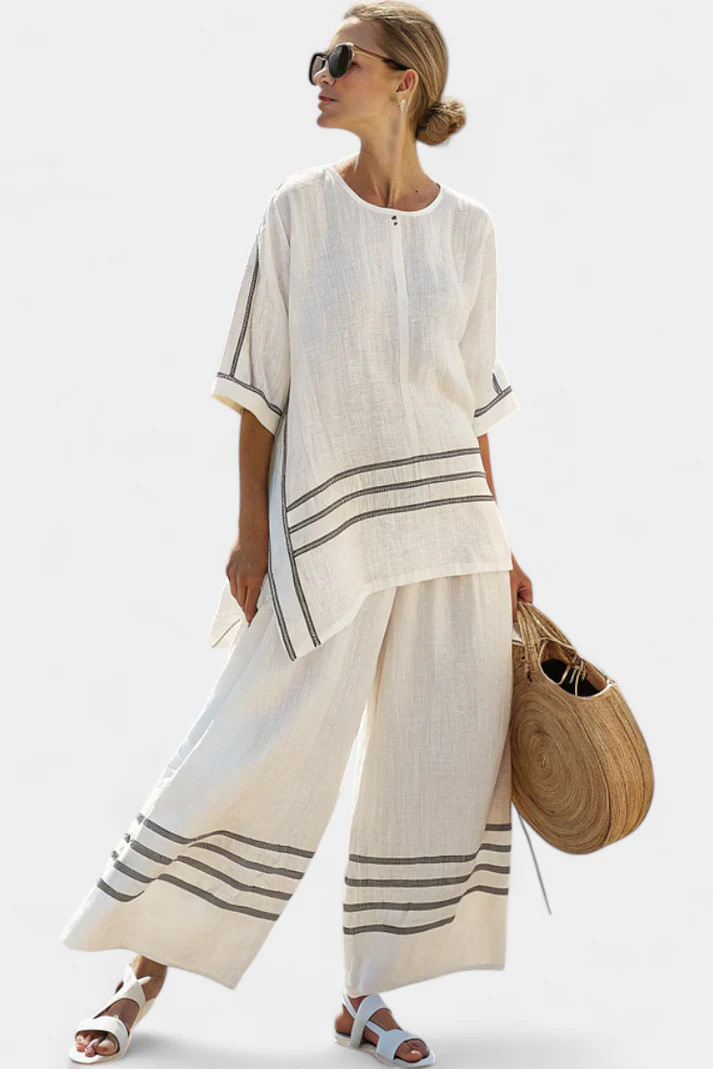 Striped Print Color-Block Mid-Sleeve Round Neck Top and Straight Pants Casual Set