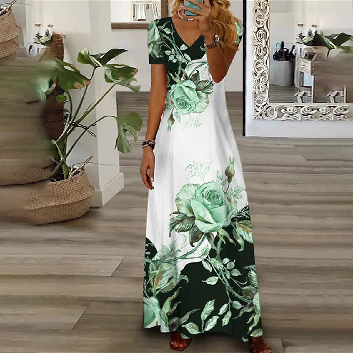 Women's Floral Print V-Neck Button Midi Dress