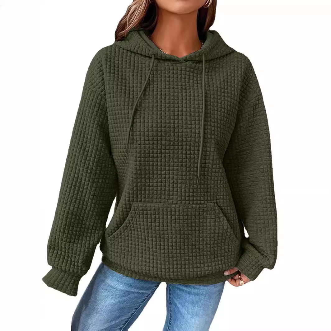 Women's Waffle Knit Hooded Long-Sleeve Pullover Sweatshirt Solid Color