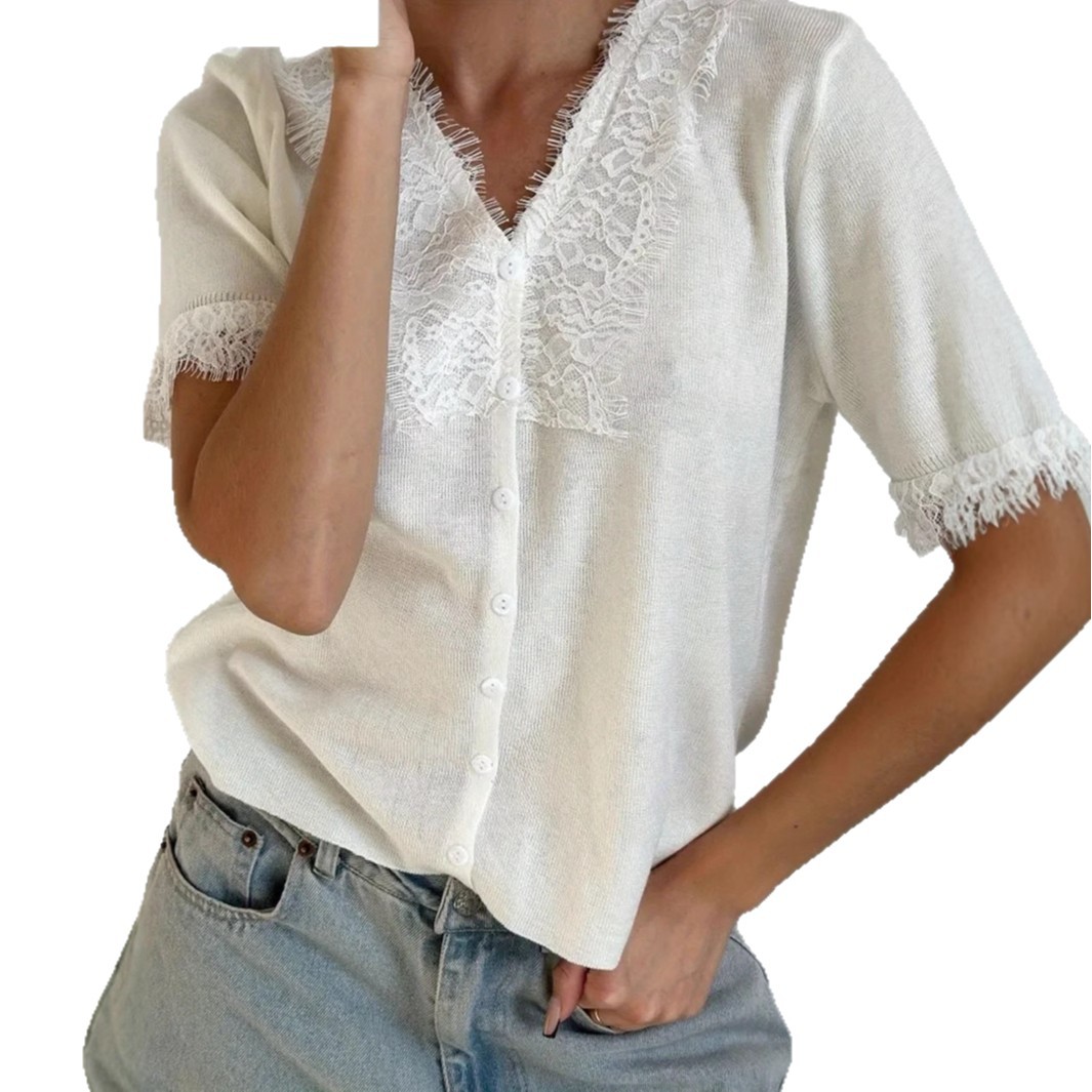 Women's Lace V-Neck Knit Cardigan Long Sleeve