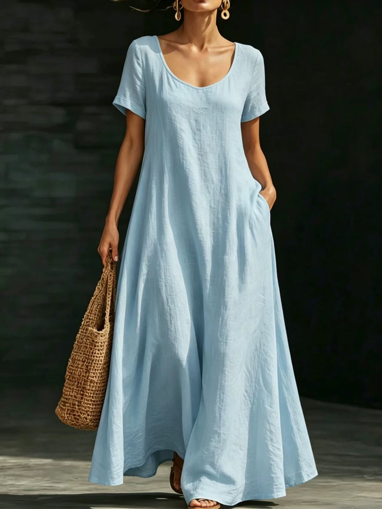 Summer U-Neck Short Sleeve Loose Fit Maxi Dress Solid Casual