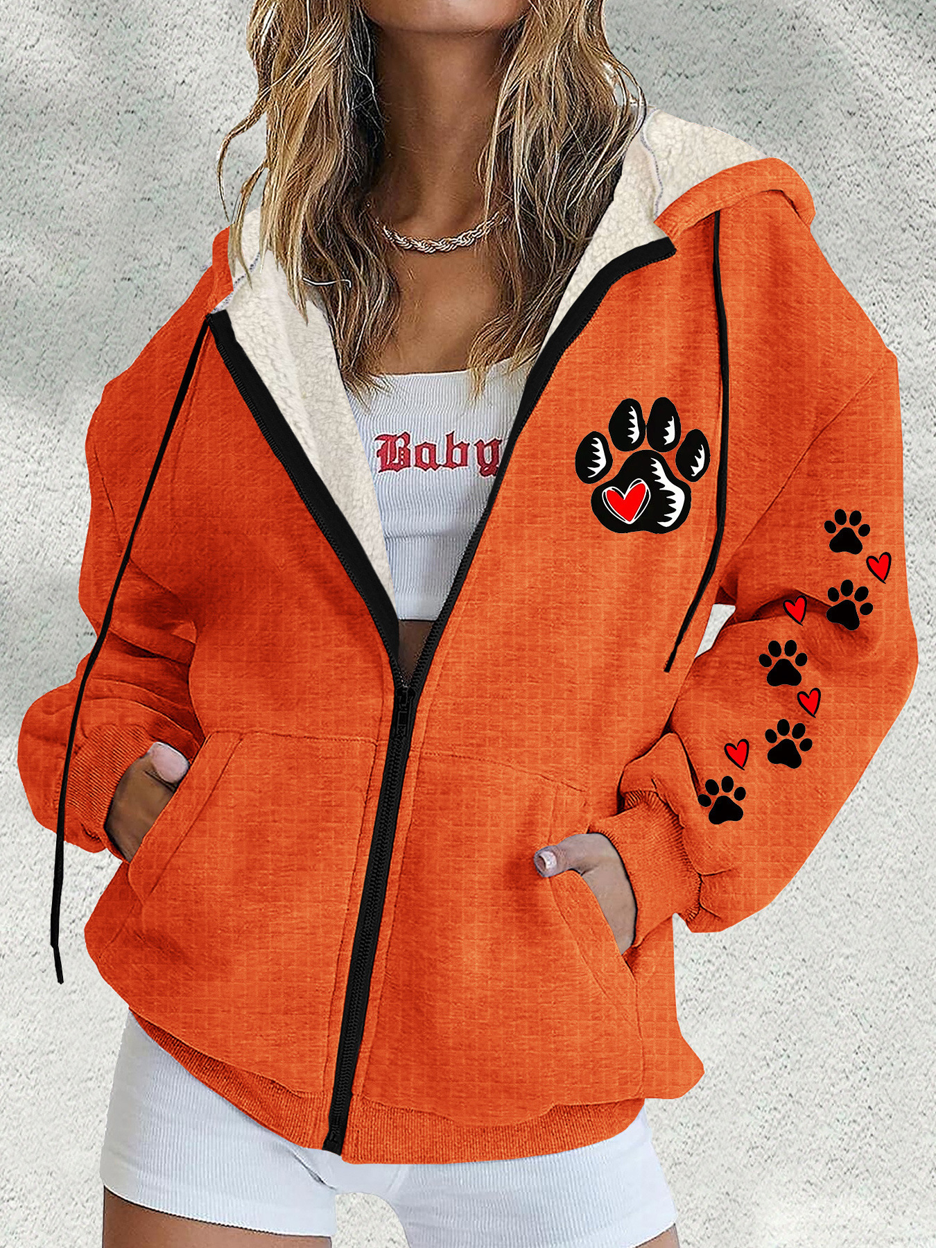 Women's Paw Print Heart Zip-Up Hoodie Long Sleeve Crew Neck