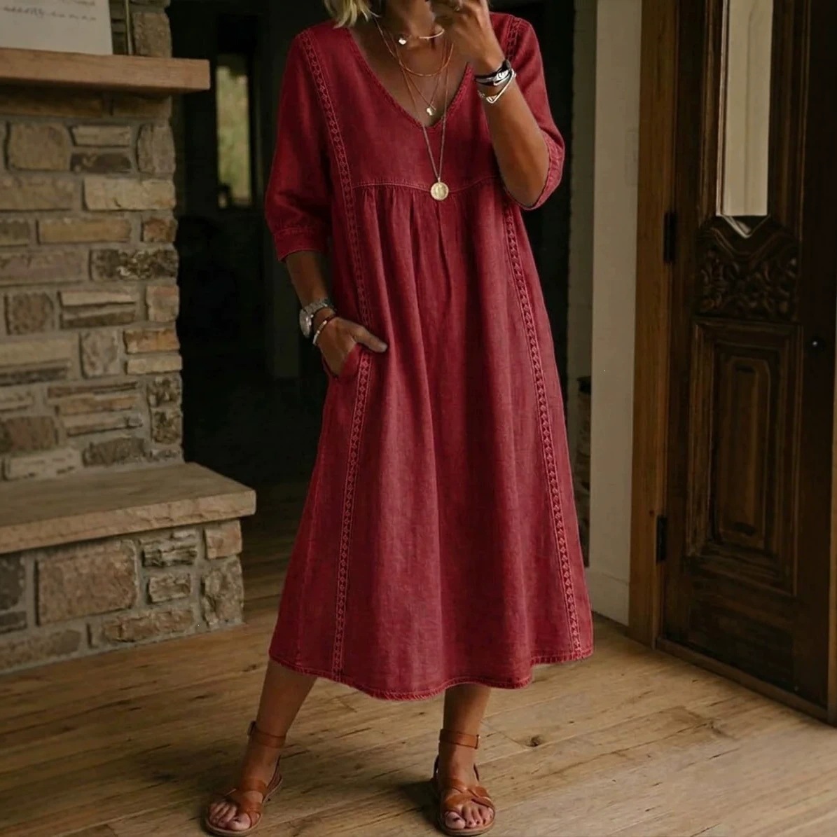 2026 Amazon New Summer European American Cotton Linen V-Neck Loose Slimming Seven-Tenths Sleeve Midi Women's Dress