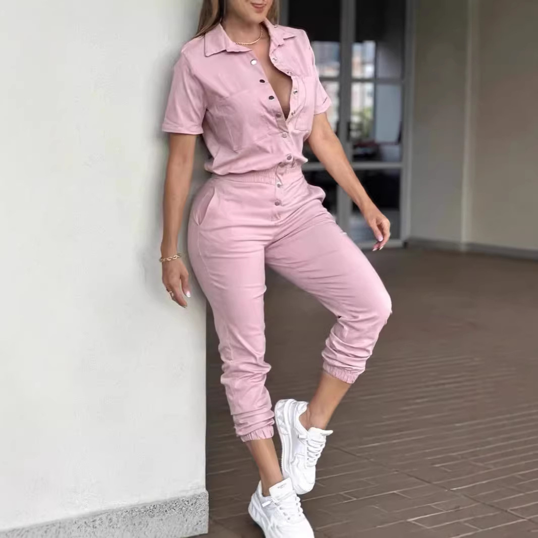 Women's Casual Jumpsuit with Collar, Pockets, Elastic Waist and Button Detail