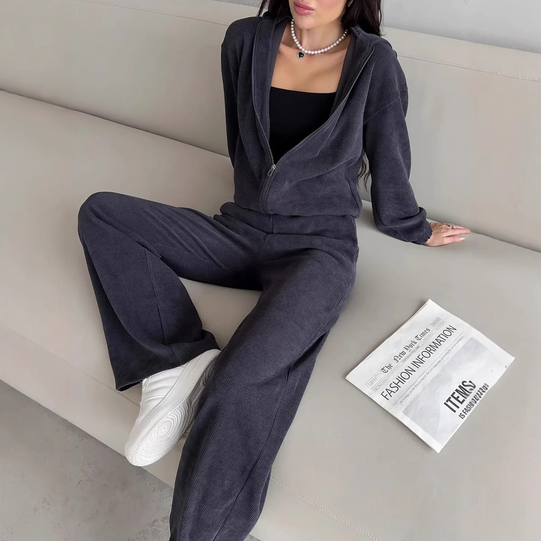 Women's Solid Color Long Sleeve Hooded Cardigan Sweatshirt and Wide-Leg Pants Set