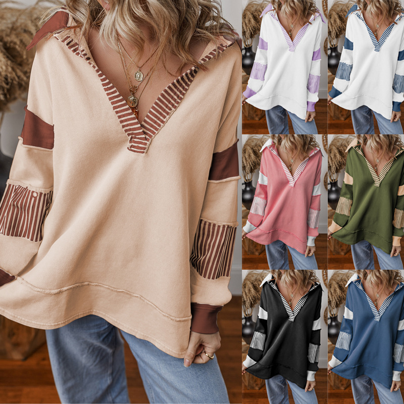 Deep V-Neck Striped Color-Block Long-Sleeve Loose Pullover Sweatshirt