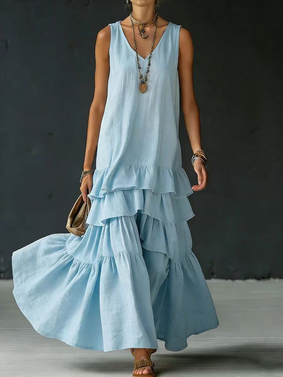 Solid Color Loose Fit Sleeveless Maxi Dress with Full Skirt