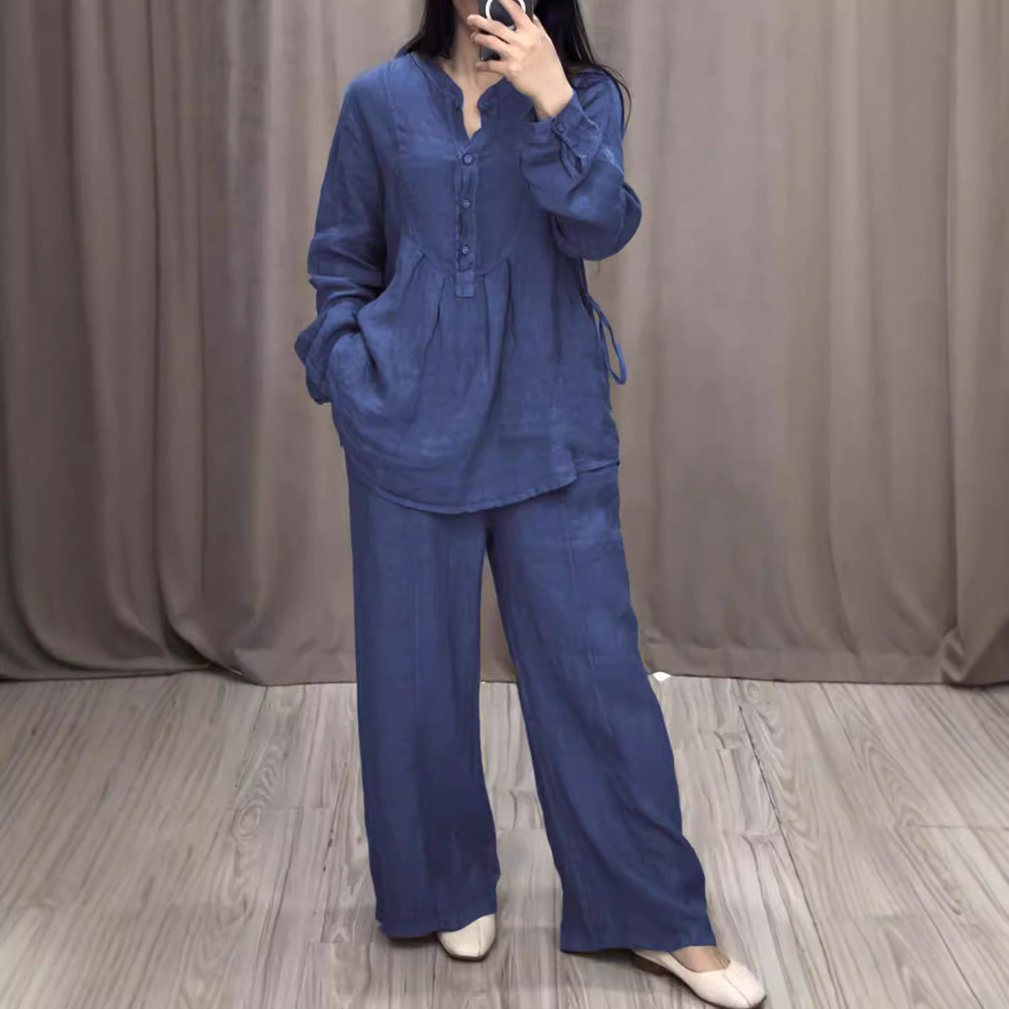 Women's Cotton-Linen Long-Sleeve Half-Placket Pleated Wide-Leg Pants Set