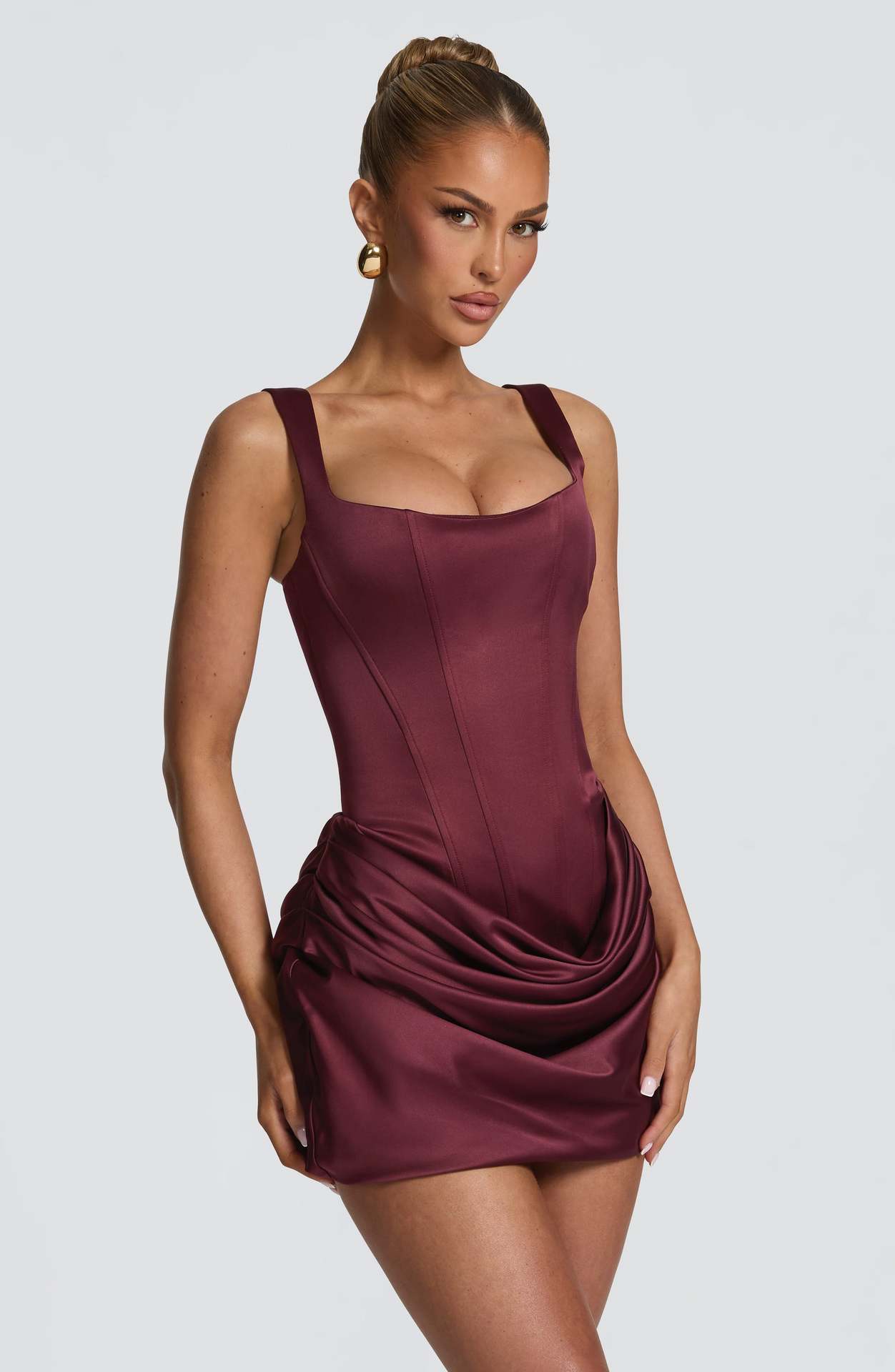 Square Neck Sleeveless High Waist Lace-Up Ruched Bodycon Mini Dress