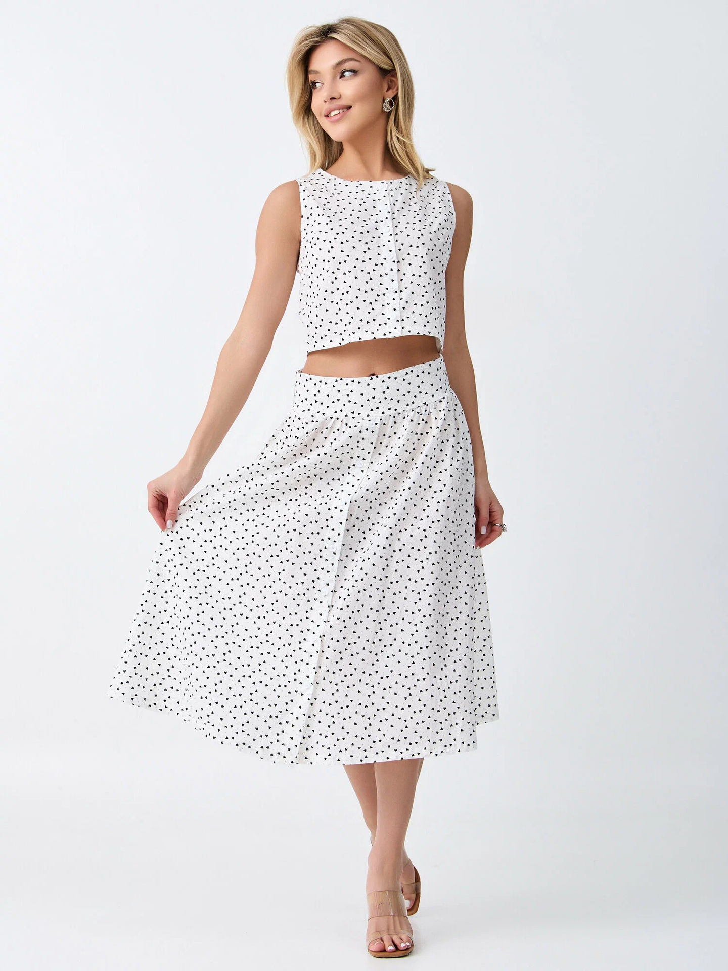 Polka Dot Sleeveless Crop Top and High-Waist Skirt Two-Piece Set