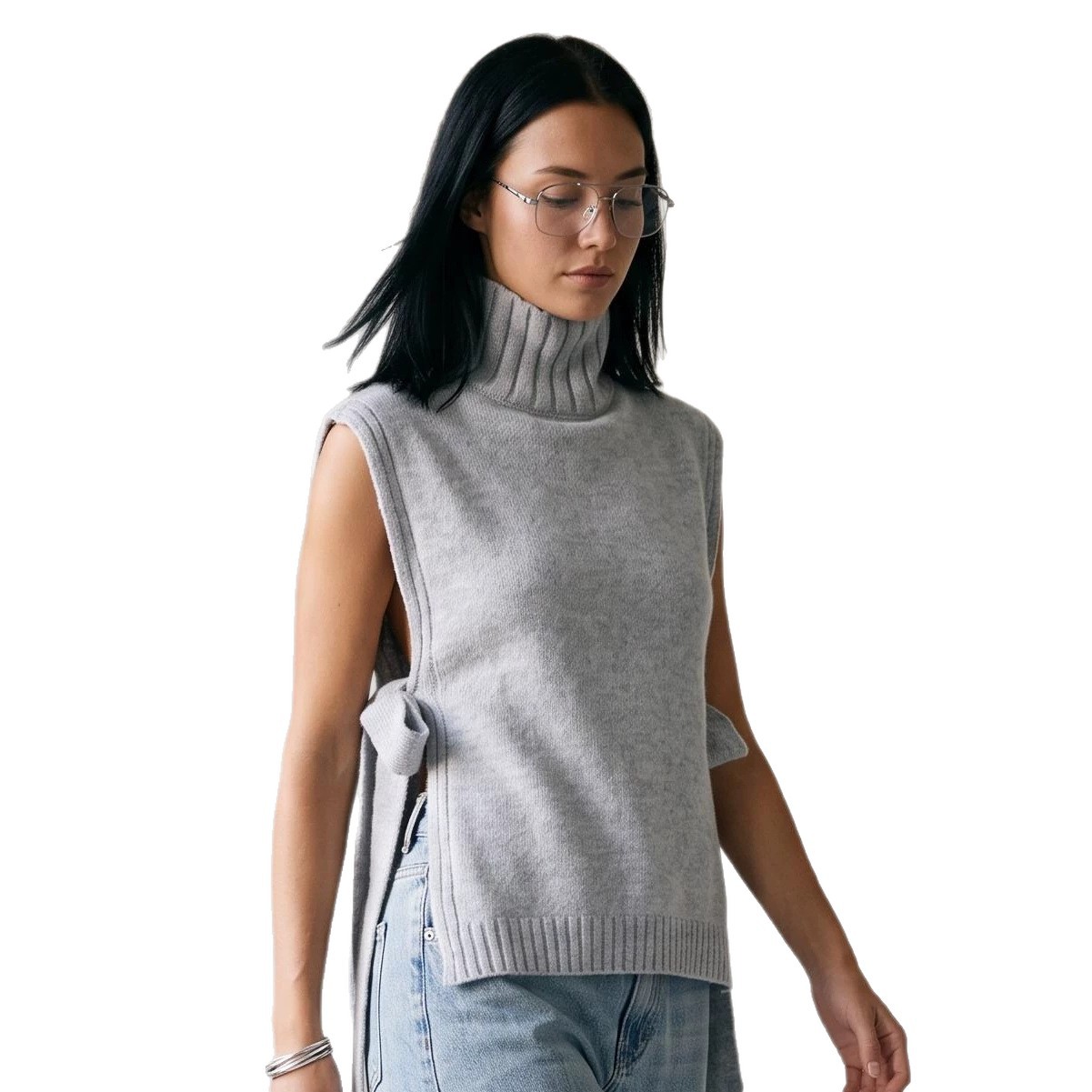 Tie-Waist High-Neck Sleeveless Knit Vest Top