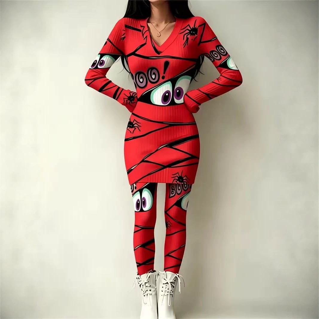 Anime Eye Print Long Sleeve Bodycon Top and Skirt Set