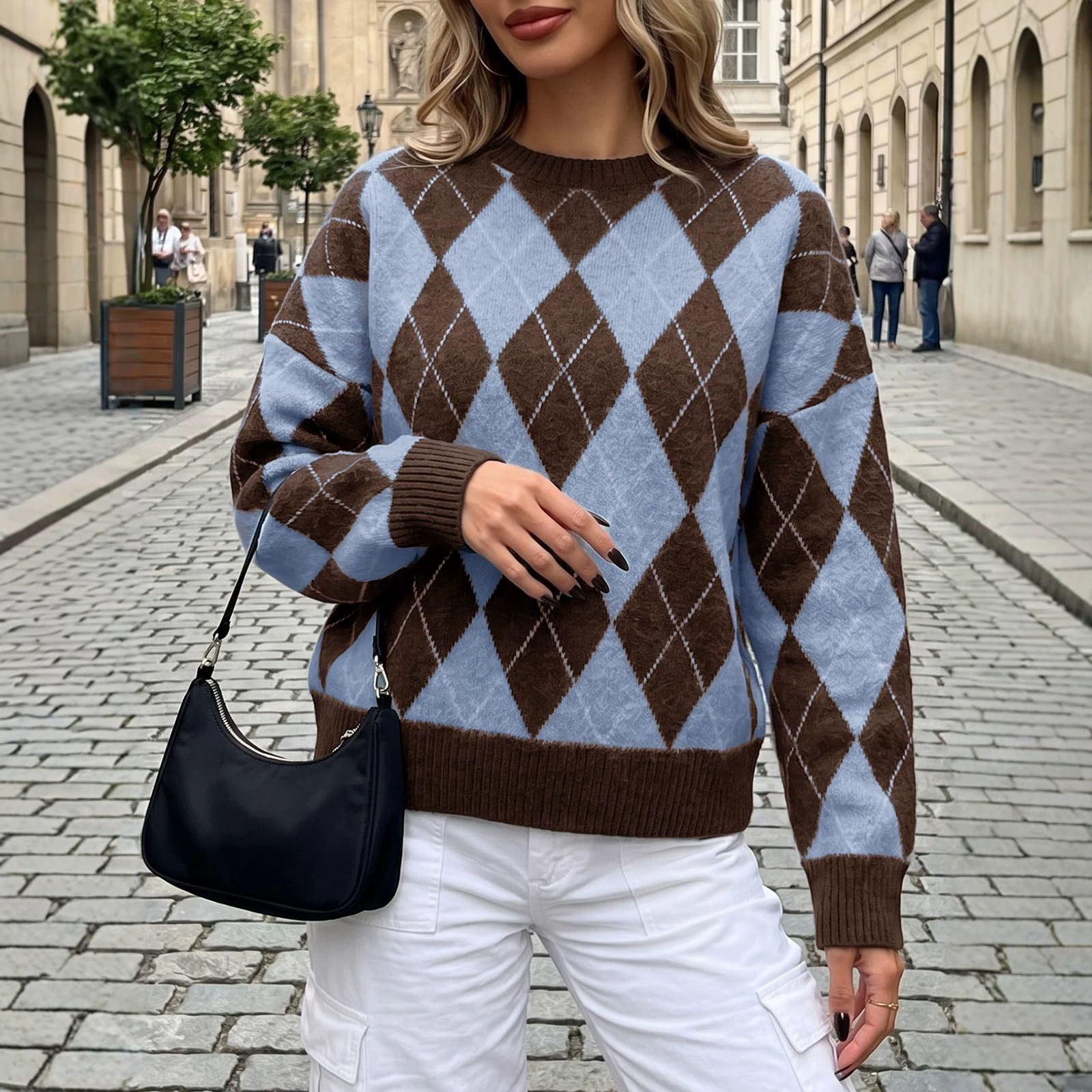 Women's Loose Color-Block Argyle Crewneck Sweater