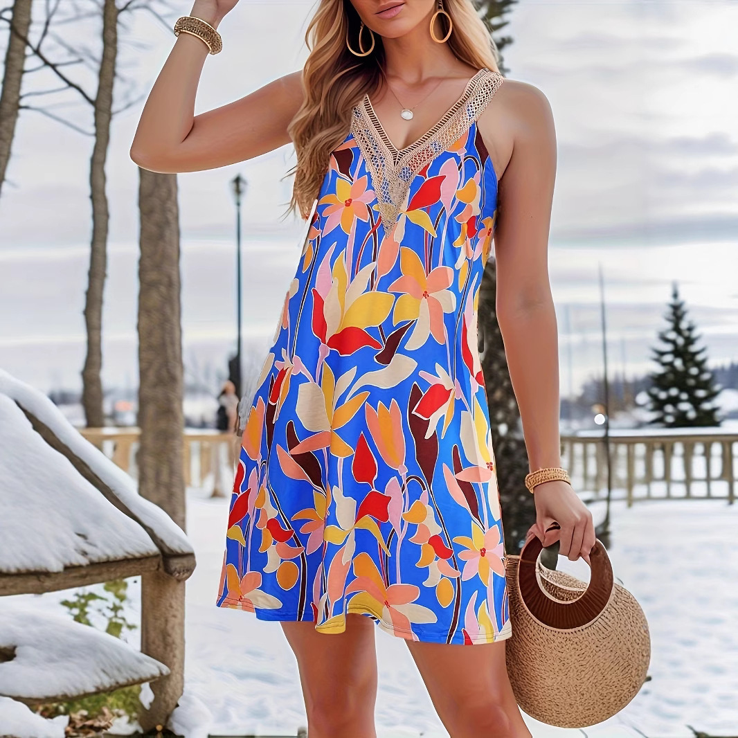 Women's Summer Beach Lace V-Neck Sleeveless Short Dress Tropical Print
