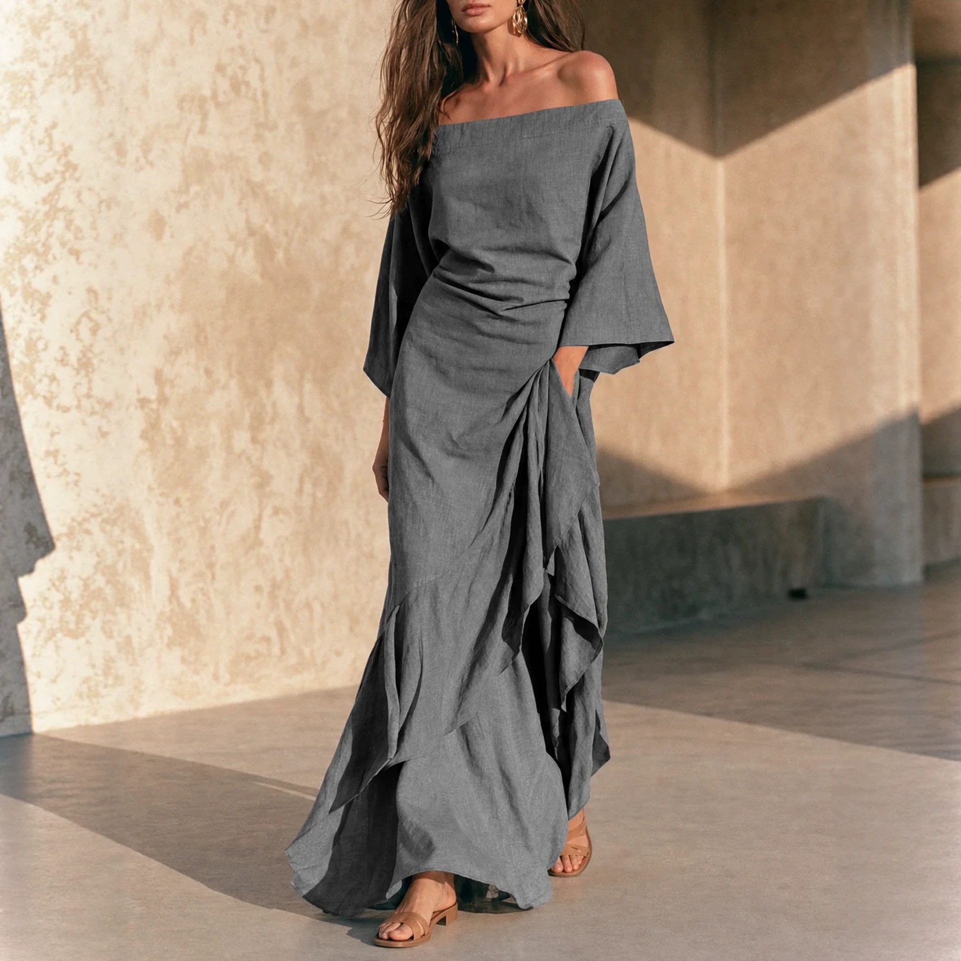 Off-Shoulder Batwing Sleeve Asymmetrical High-Waist Maxi Dress