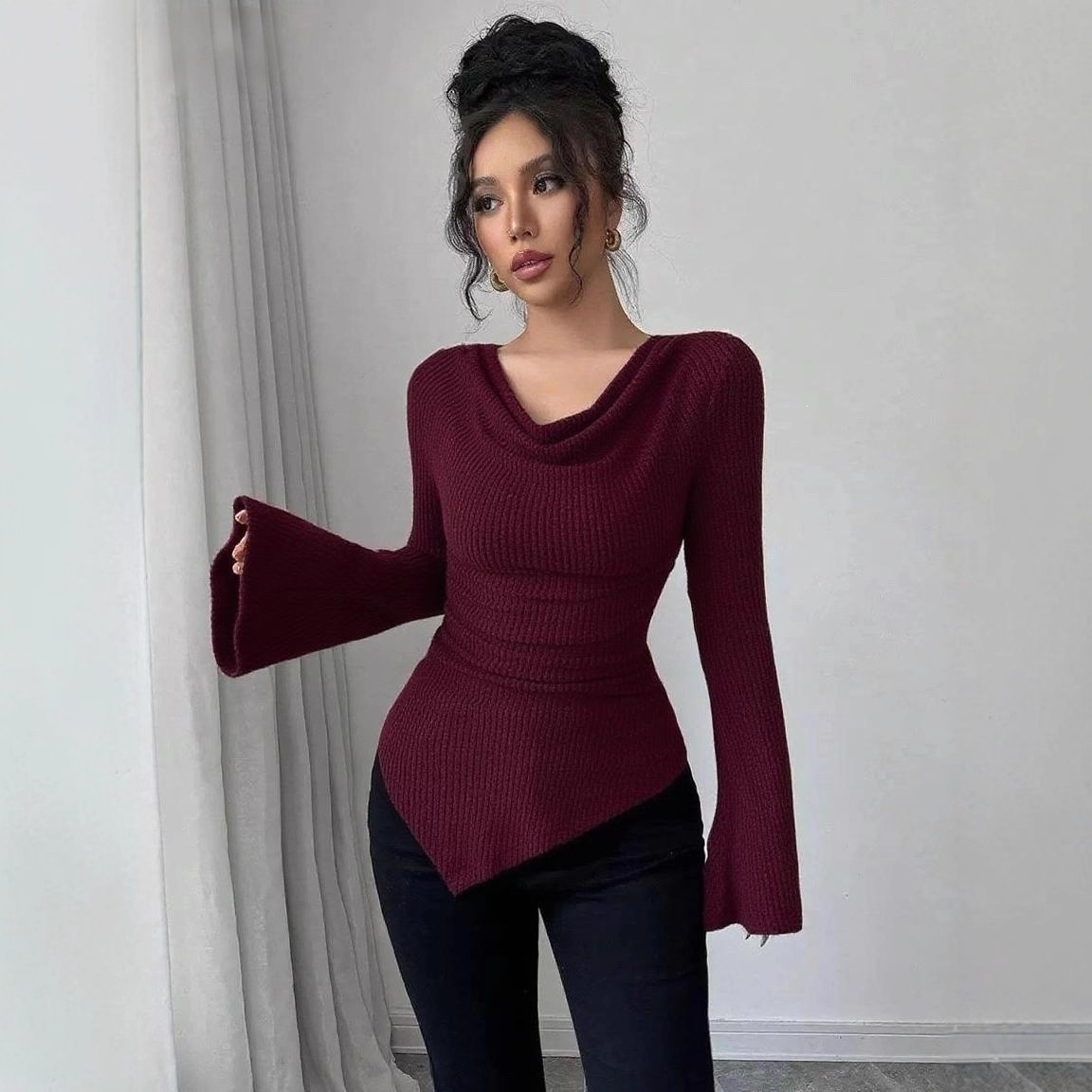 Ribbed Off-Shoulder Slim Fit Knit Long Sleeve Top